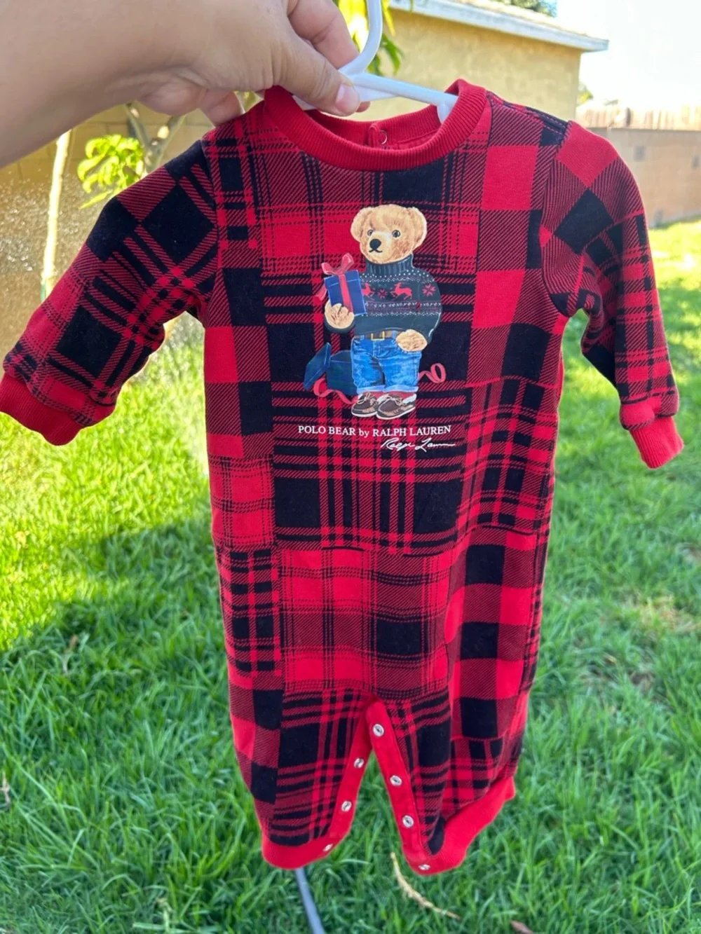 Ralph Lauren Red and Black Plaid Baby Romper with Polo Bear